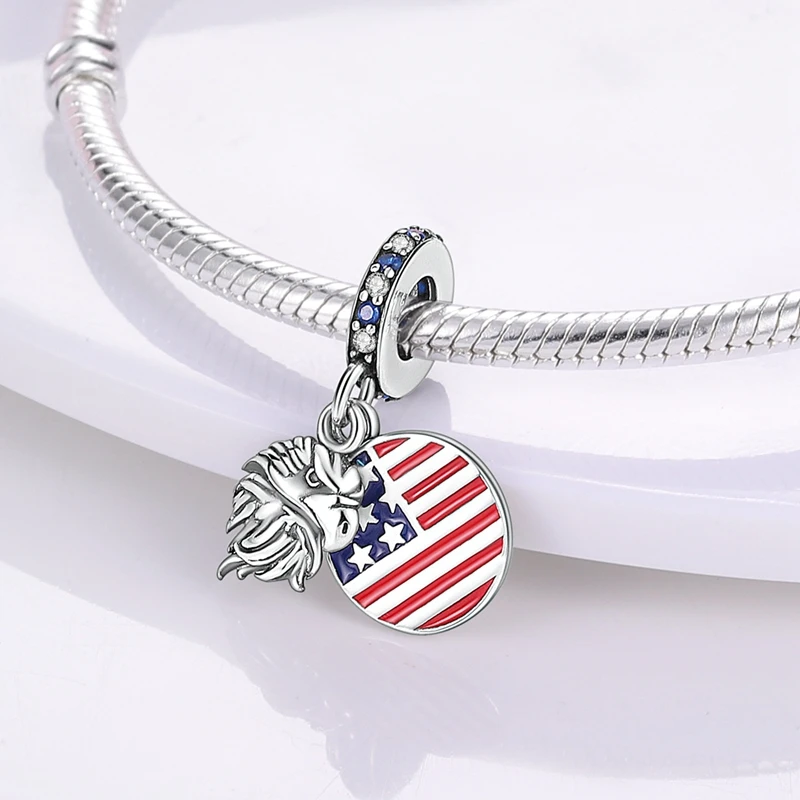 Original 925 Sterling Silver Charms Bead American Flag Independence Day Pendant Fit Original Bracelet For Women DIY Jewelry Gift view 2