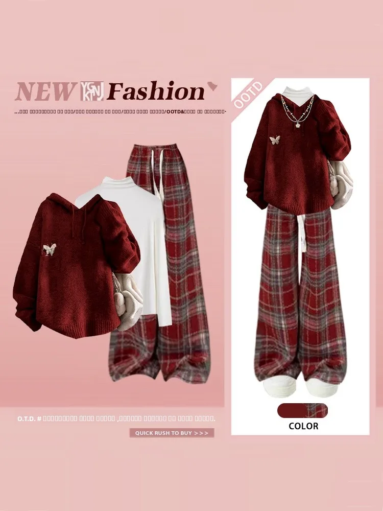 

Autumn Winter Knitted Hat Sweater Plaid Wide Leg Pants Two Piece Set Anti Aging Fashion Atmosphere Personality Women's Wear