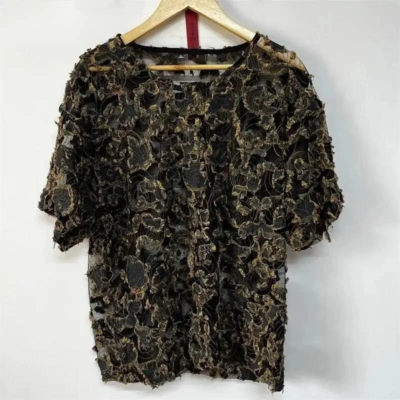 Vintage Distressed Fringe Mesh Tee Mens Short Sleeve Loose Tailored Niche Punk Street Daily Casual Basic Top Layer PI90