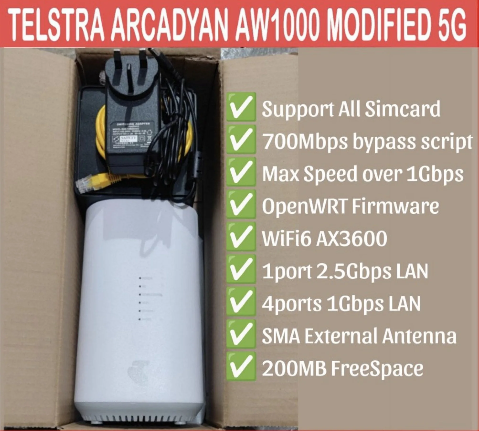 Unlocked Arcadyan Telstra 5G Home Modem AW1000 Wi-Fi 6 AX3600 5G CPE openwrt qwrt( used 95% new)