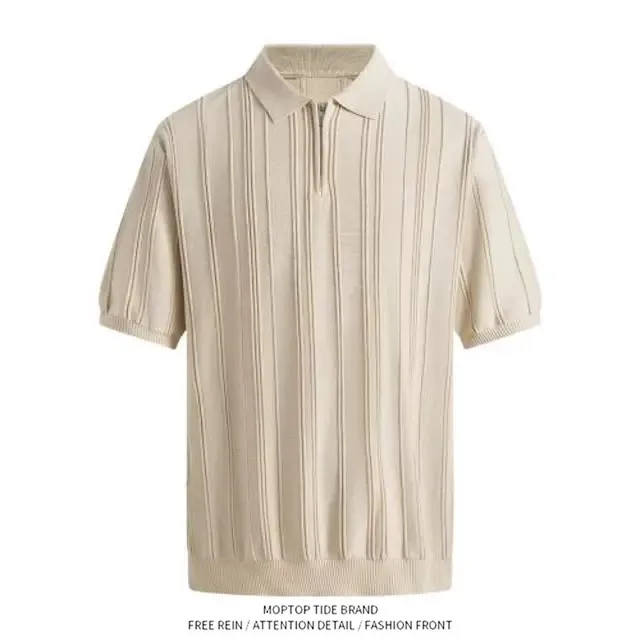 Laid-back Japanese Style Half Zip  Shirt Men's Lightweight Knitted Short Sleeve Turn-down Collar Summer Fashion Urban Mal...