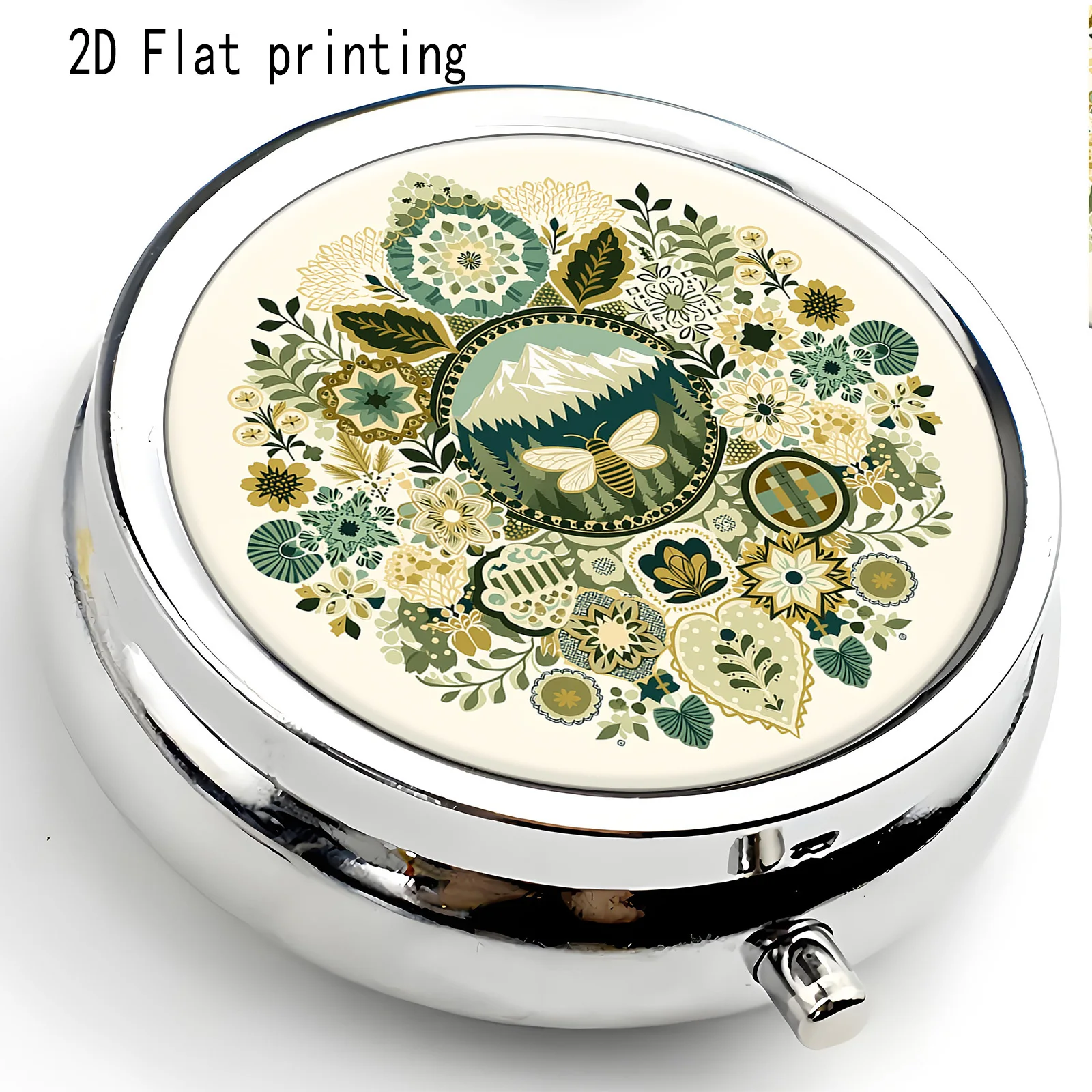 1 snow mountain floral pattern 3-compartment portable box, flat single-sided printing. Medicine storage box, suitable for use in purses or wallets, multi-functional storage box for storing small jewelry and medication, essential travel organizer