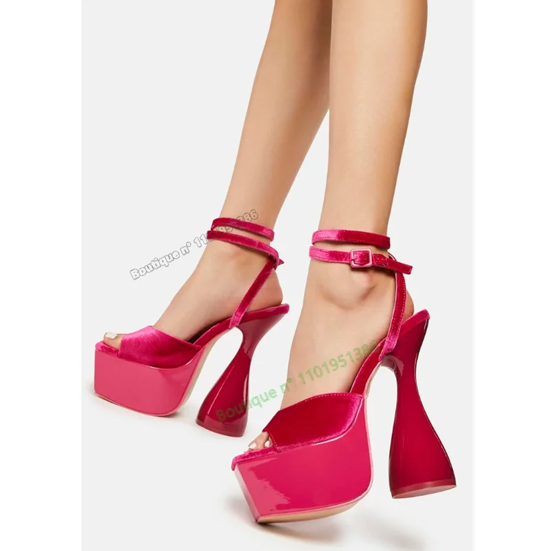 Pink Glass Heel Velvet Sandals Ankle Buckle Strange Style Heel High Heel Shoes for Women Shoes on Heels 2023 Zapatos Para Mujere