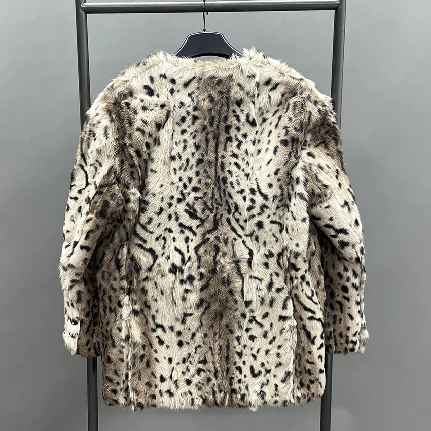 Janefur ผู้หญิง Shearling ขนสัตว์ฤดูหนาวเสือดาวจุดพิมพ์เสื้อขนสัตว์หนาหนาปุย JFB9-25011