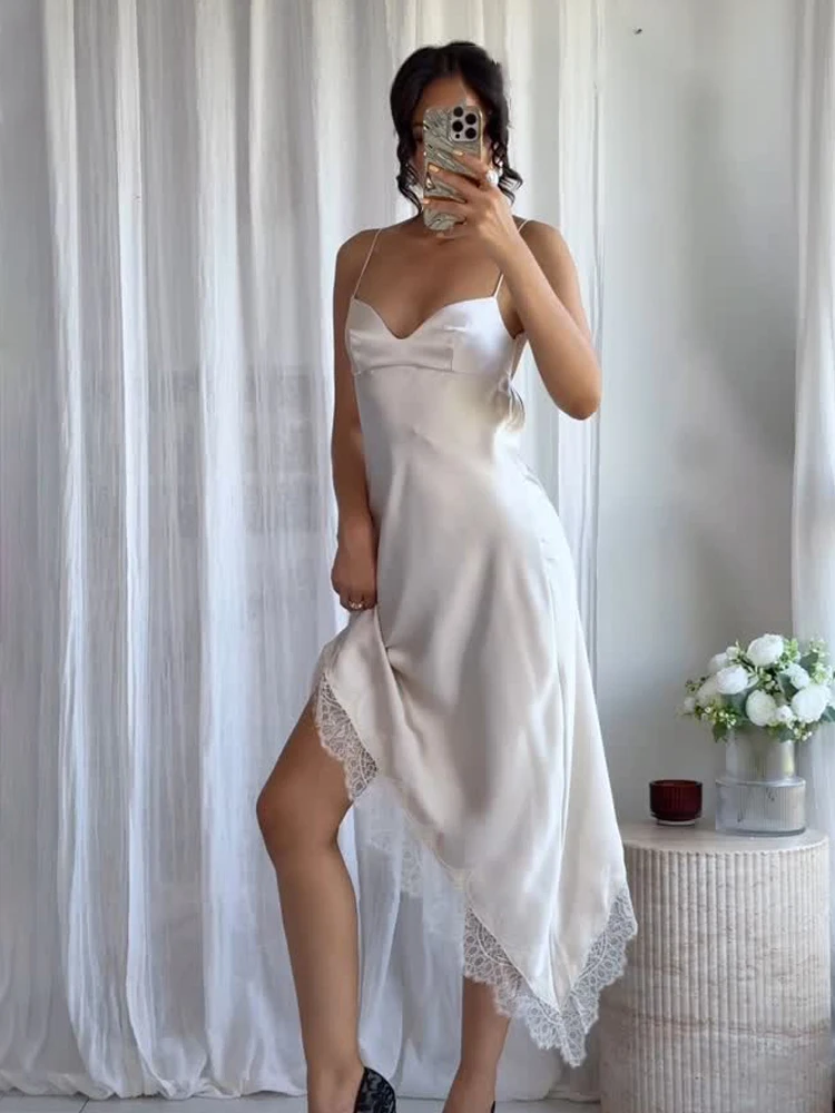 

HH 2025 Summer Women Elegant Asymmetry Lace Decorate Satin Dress Woman Fashion Sexy Sleeveless Backless Beach Party Dress