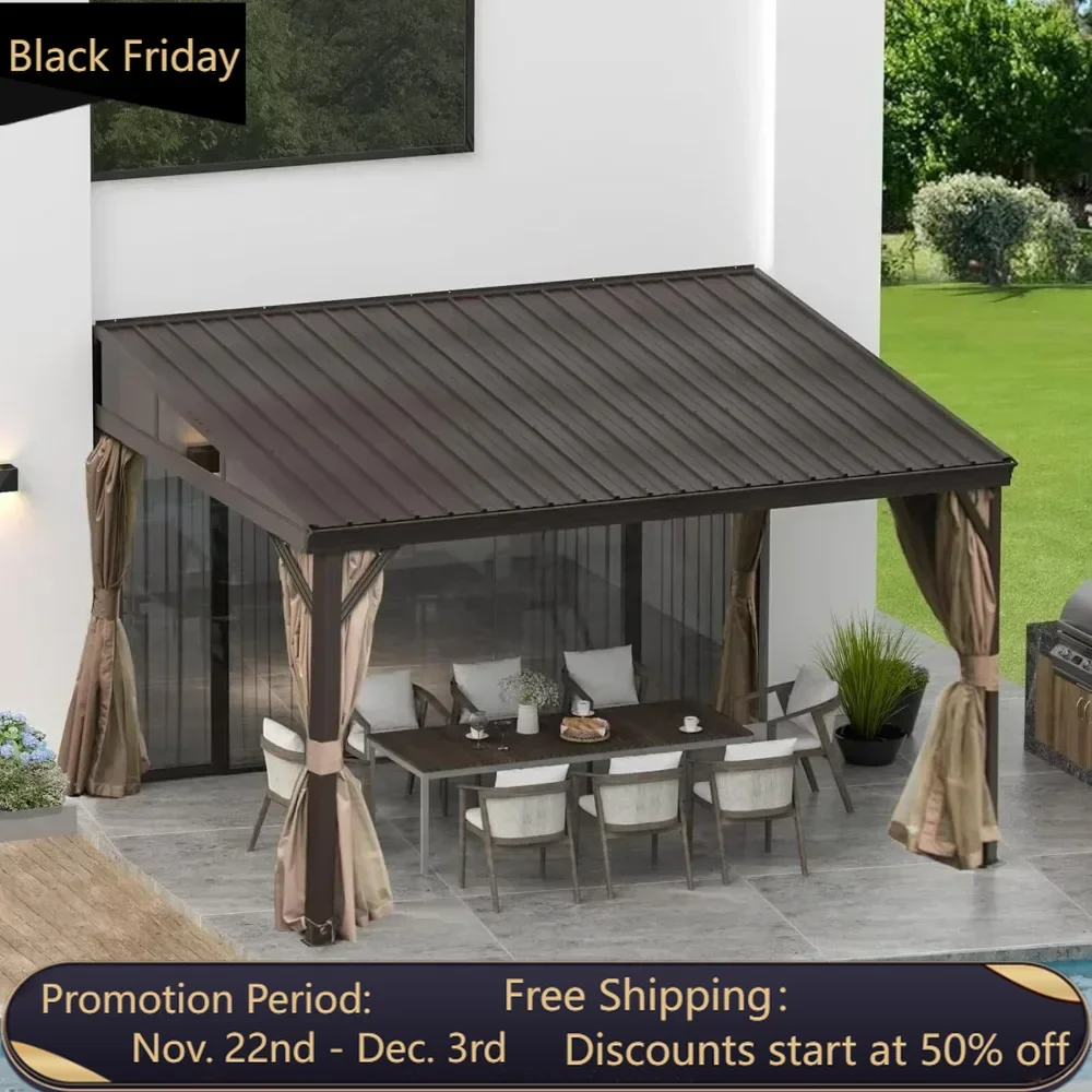 12' X 14' Lean To Gazebo with Aluminum Frame, Wall Mounted Gazebo Hardtop Galvanized Steel Sloping Roof