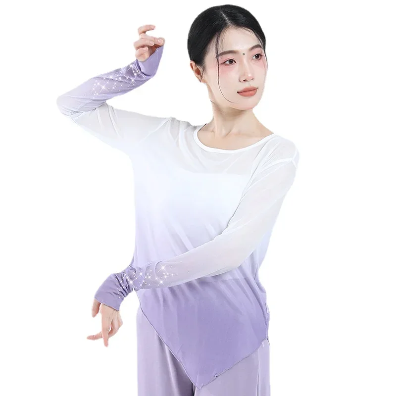 Women Classical Dancing Clothes Mesh Top Long Sleeve Cuff Blingbling Design Gradual Color Fairy Stage Performance Blouse