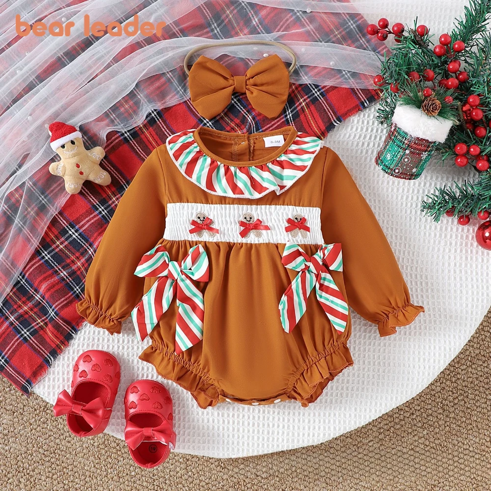 

Bear Leader Autumn Coffee Colored Baby Romper Long Sleeved Bow Color Blocked Lapel Girl's Jumpsuit Xmas Children Costume