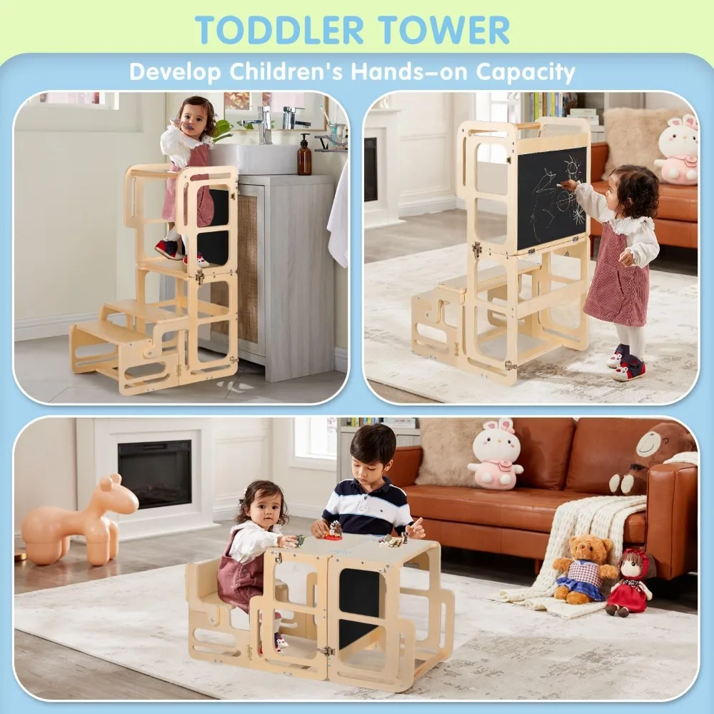 Toddler Tower, Toddler Kitchen Stool Helper, Kitchen Step Stool for Toddlers, 4-in-1 Montessori Foldable Toddler Learning Wooden