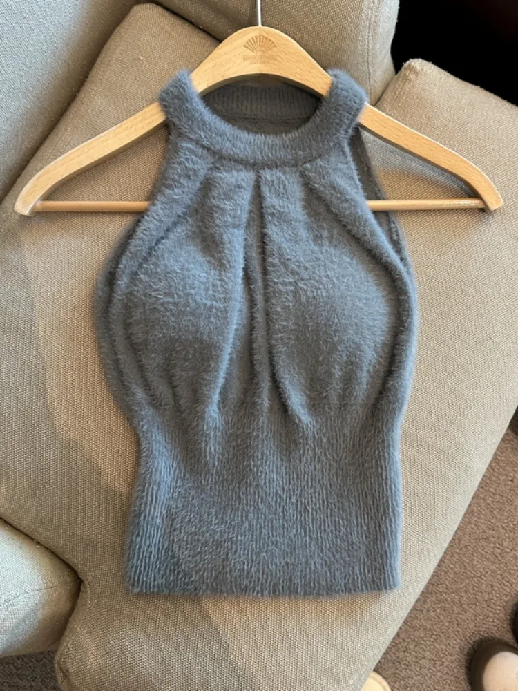 Chaleco oulderl sexy para mujer Otoño Invierno Faion Simulación de visón fino Colgante Ne Svel Top Thiened ort Pure Co...