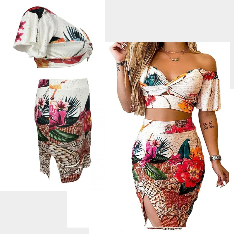 2025 Sexy Slim Fit Off Shoulder Top Printed Sexy Slit Hip Hugging Skirt Two-piece Set