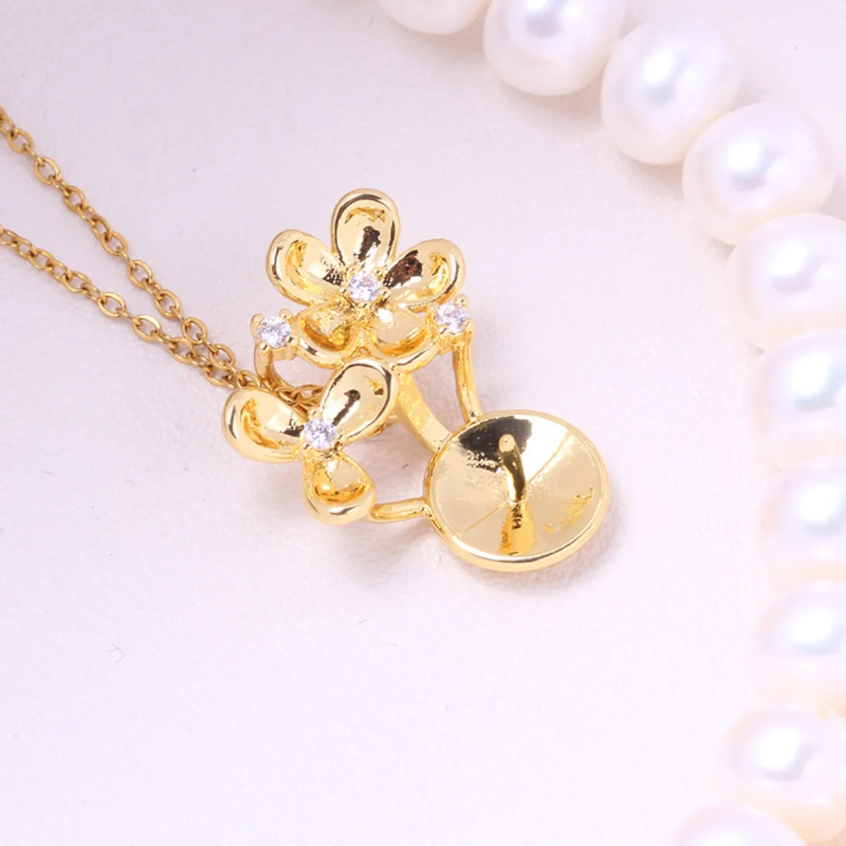 Brass 18K Gold Plated Twin Blossom Pearl Pendant Blank Setting, Elegant Versatile DIY Necklace Accessories For Women