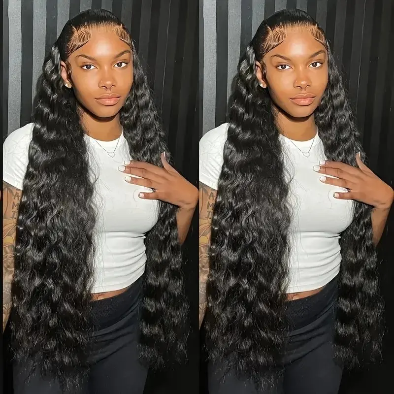 Natural Black 32 Inches 13x4 HD Lace Frontal Wig 150 Density Deep Wave Full Brazilian For Women  Human Hair Wigs