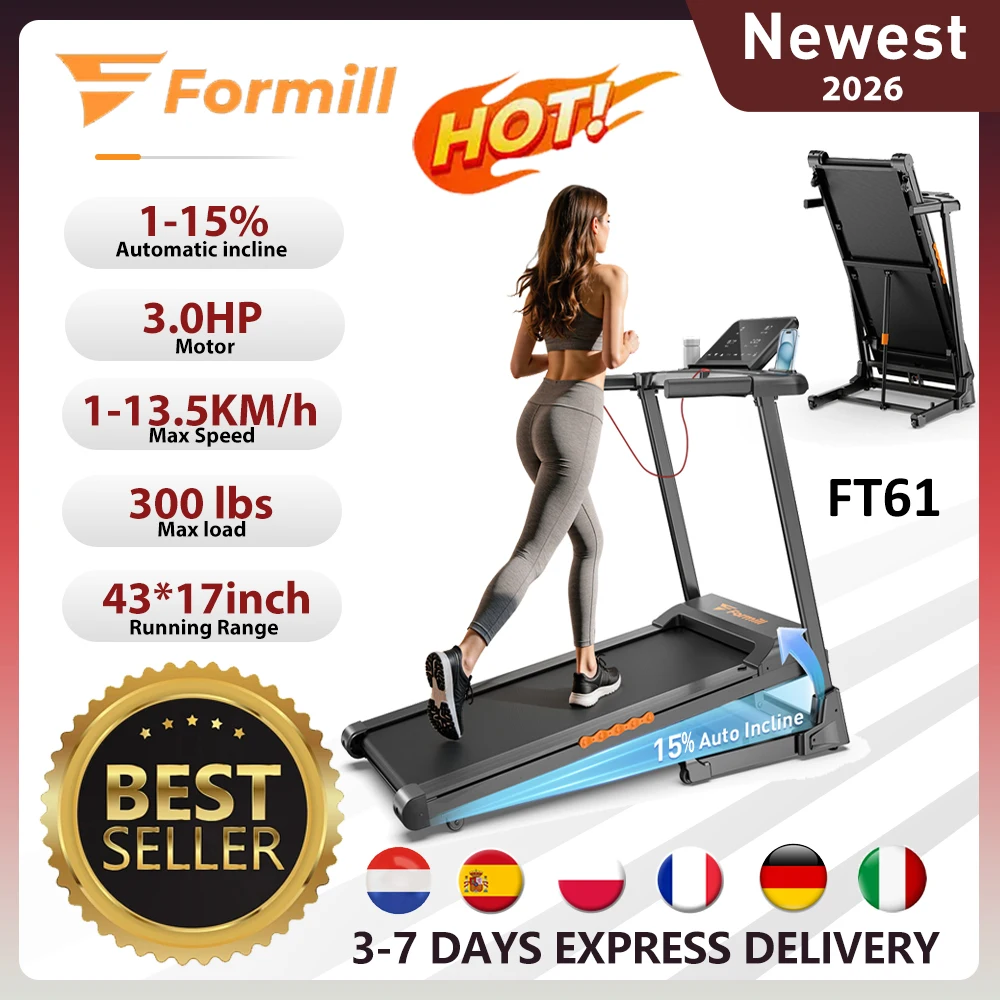 Tapis roulant pliable Formill FT61 3.0HP, inclinaison de 15 %, 13,5 km/h, bande de 17 x 43 pouces, charge de 300 lb, silencieux, écran LCD, amortissement des chocs pour la maison