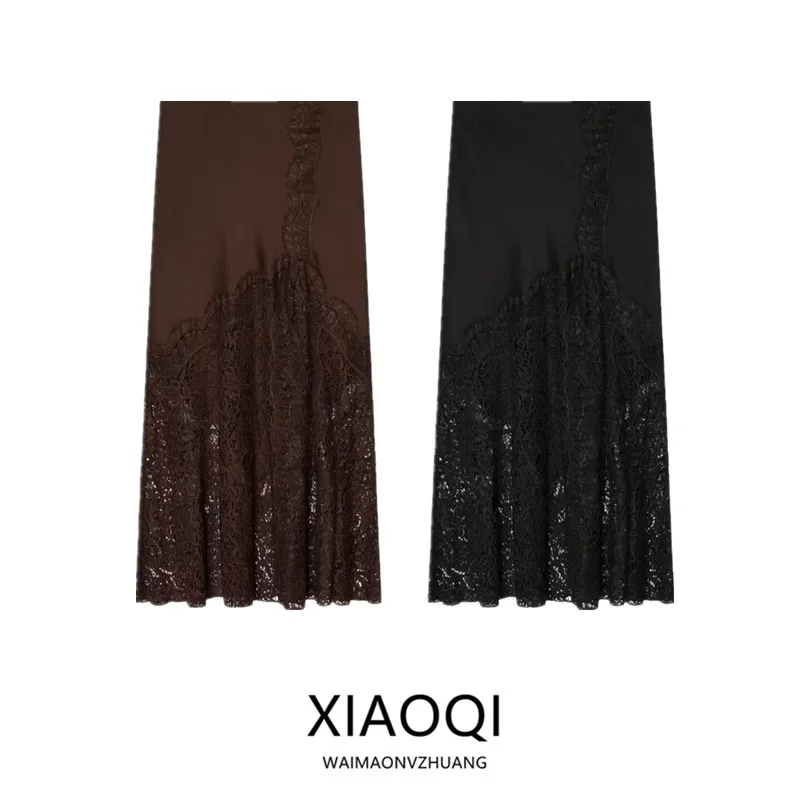 Winter 2025 New Arrival Women's Fashionable Lace Trim Satin Feel  Skirt Versatile City Commute Straight Cut Midi Skirt