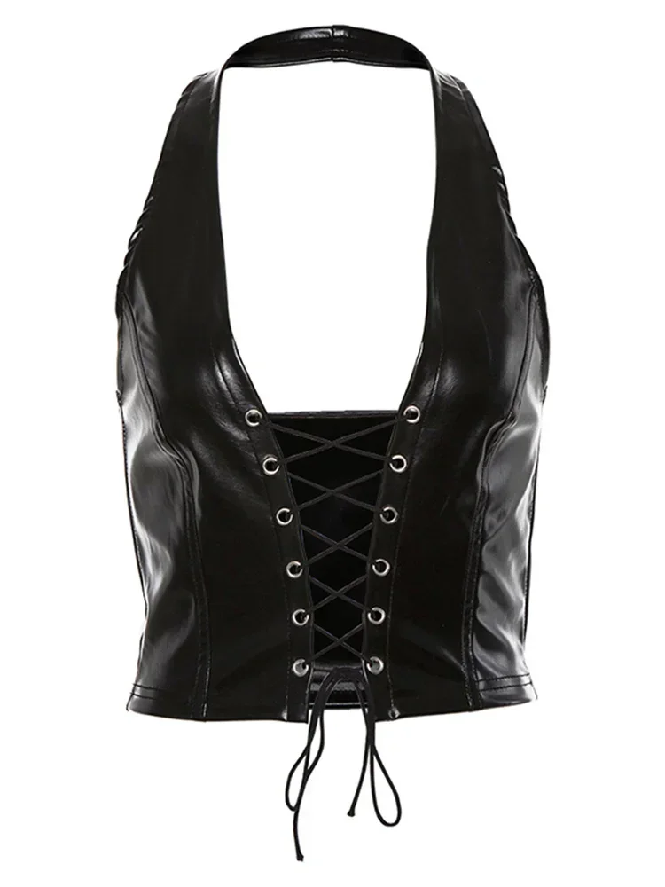 Sexy Crop Top Inside Women Black PU Leather Rope Strap Hollow Out Punk Style Tank Tops Vest Fashion Backless Club Party Wear