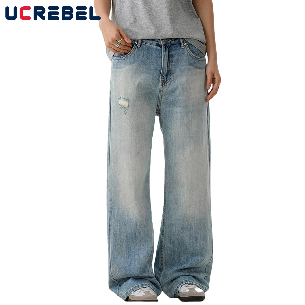 

Ripped Straight Jeans Mens Pocket Retro High Street Loose Washed Distressed Wide Leg Denim Pants Men