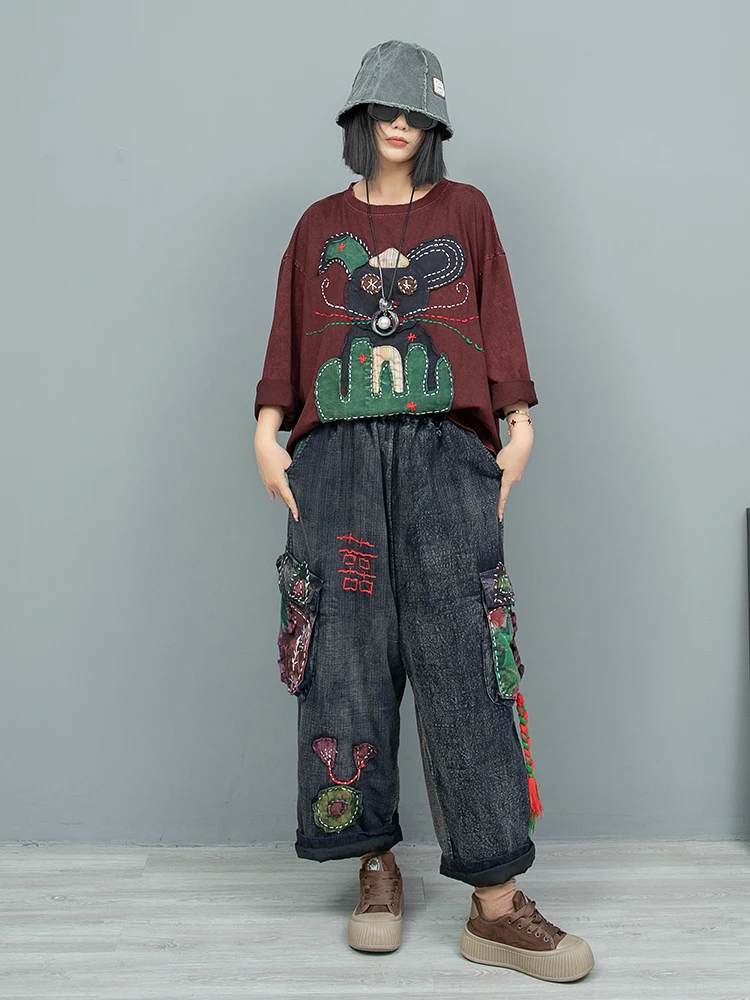 Heavy Industry Hand Embroidered Pant Women Loose Patchwork Harem Pant Spring Autumn LX2559