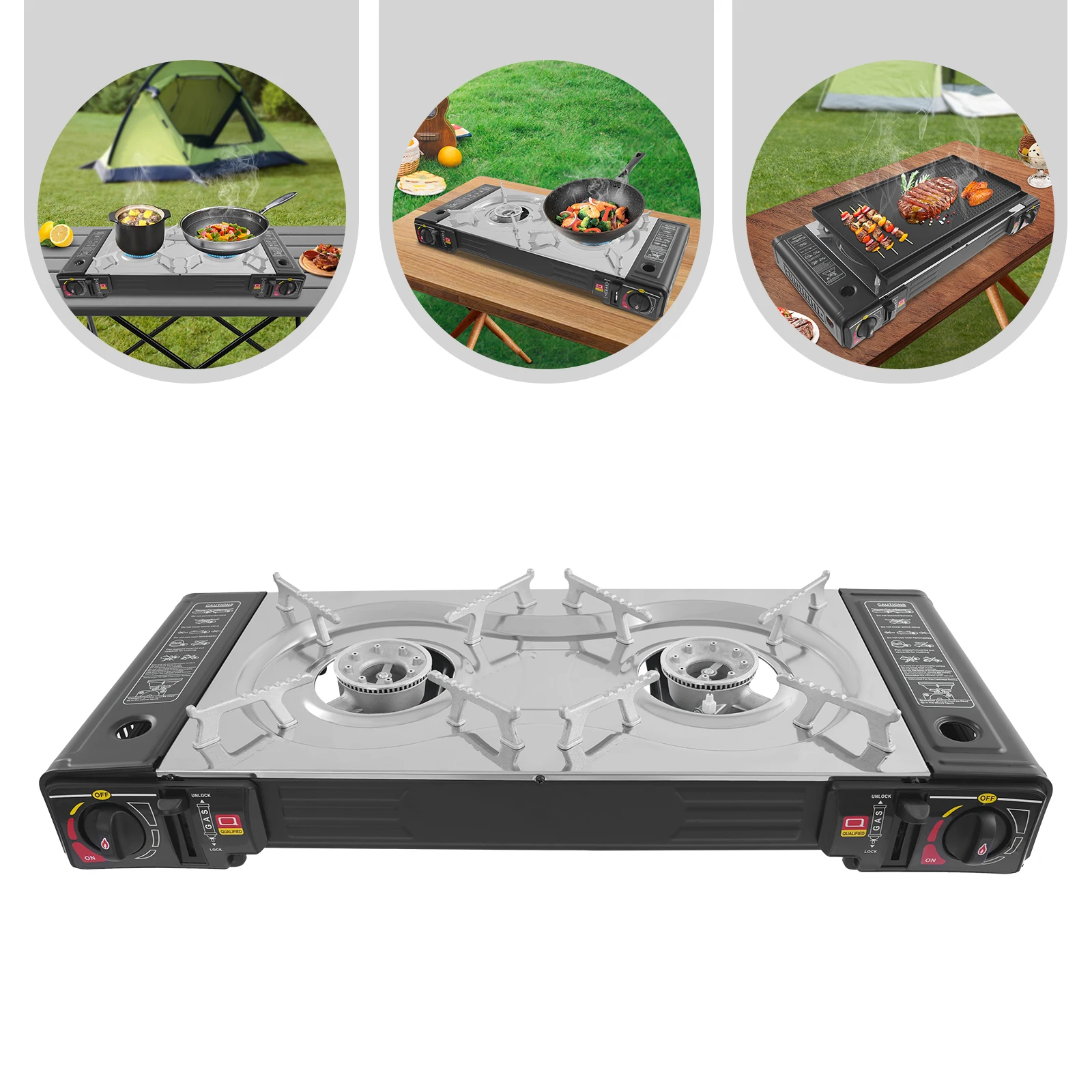 

Portable Camping Stove 2100-2500W Dual Burners BBQ Non-stick Pan Piezo Ignition Overpressure Safety Case Black+ Silver