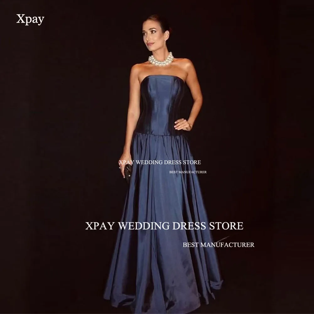 XPAY Elegant Strapless A Line Prom Dress Sleeveless Dubai Saudi Arabic Customized Taffeta Navy Blue Formal Evening Party Dress