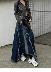 Women Vintage Skirts Denim Long Skirt Harajuku Y2k 2000s 90s Aesthetic Streetwear Fashion Korean Style A-Line Jean Skirt Clothes