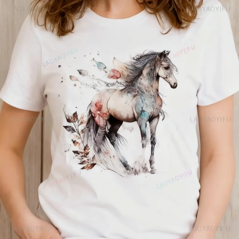 Majestic Watercolor Horse Tshirt Artistic Equestrian Design Tee Funny Pattern T-Shirts Nostalgia Old Style Vintage Classic