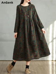 Cotton Vintage Print Floral Dresses 2026 Women Spring Autumn Casual Loose Long Sleeve Dress Femme Robe Vestidos Elegant Clothing
