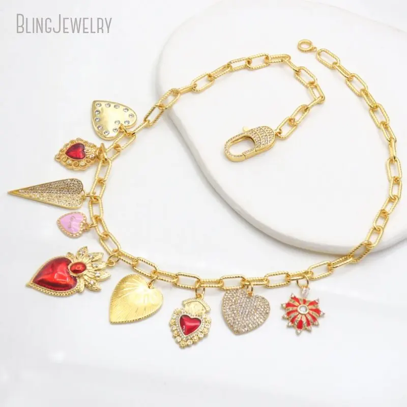 5pcs k Gold Color CZ Red Lip Sacred Milagro Catholic Heart Love Charm Necklace Women Layer Jewelry
