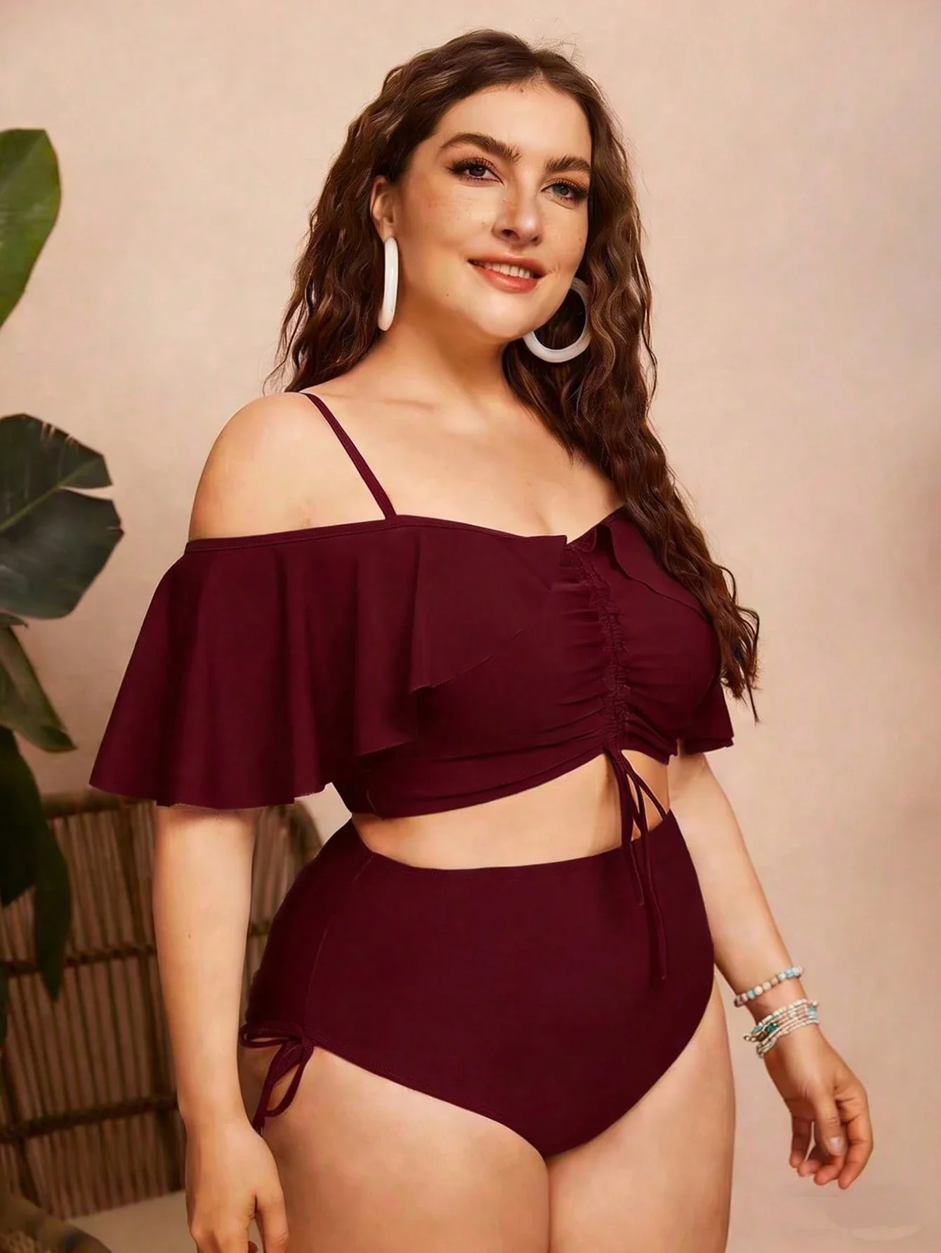 

Plus Size Women 2pcs Solid Off Shoulder Ruffle Drawstring Bikini Set