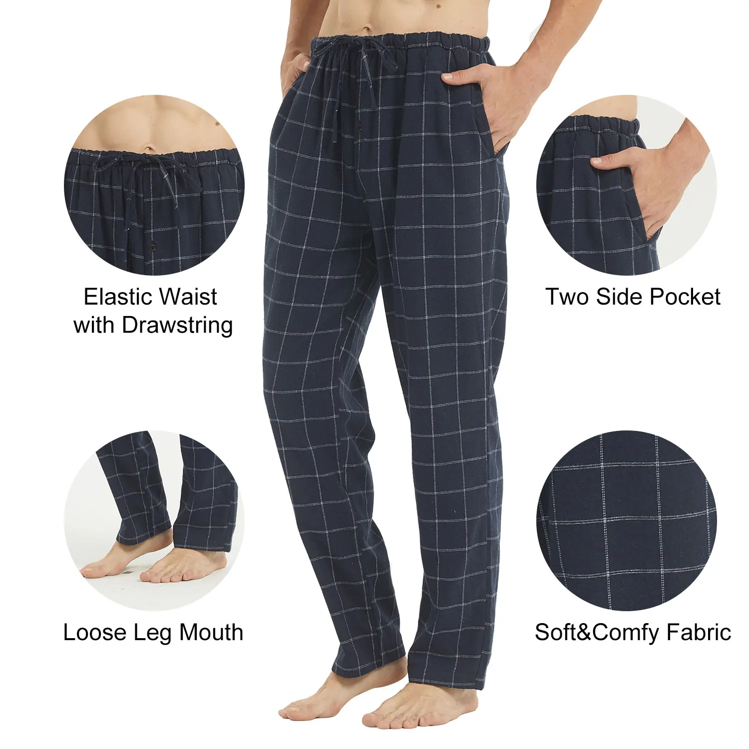 Pantalones de pijama de franela para hombre, de algodón a cuadros, cálidos y cómodos, con bolsillos con cordón y cierre de botón - Pantalones de descanso M-XL