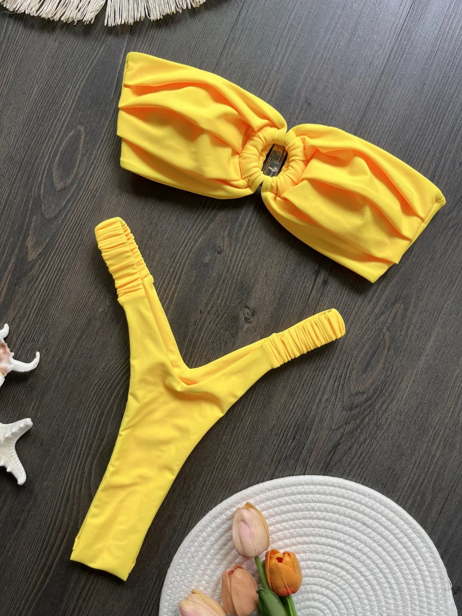 Bikini-Set für Damen, einfarbig, 2-teiliger Badeanzug, sexy, trägerlos, rückenfrei, Strandurlaub, Badeanzug, Tanga, Bademode, 2025, Neu