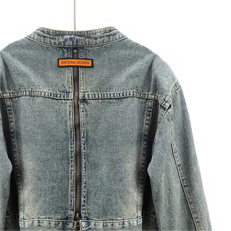 Vintage Blue Denim Jacket Women Cowboy Outwear Spring Autumn Slim Short Big Pocket Stand Collar Back Zipper Jeans Jacket Female