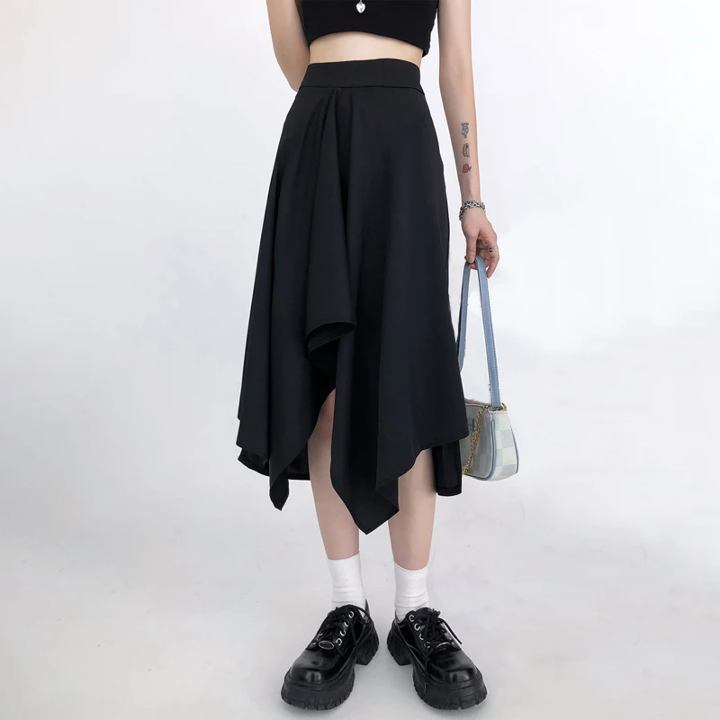 Fashion Slim Irregular Solid Color Pleated Skirt Women Classic High Waisted Summer Sagging Sensation All-match Midi Skirt