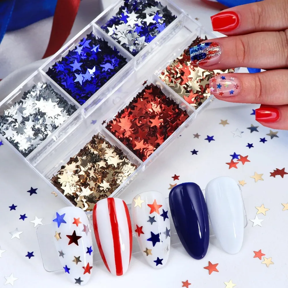 Colorful Star Glitter Nail Art Kit - Mini Star Sequins Holographic Pentagram Glitters for 4th of July DIY Nail Designs