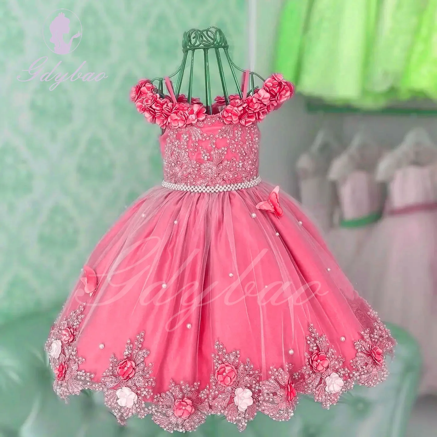 

Rose Pink Applique Flower Girl Dress For Wedding Pearls Floor Length Puffy Kids Birthday First Communion Baby Princess Gowns