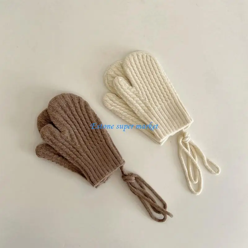 

090B Knitting Wool Mittens Kids Winter Gloves Girls Boys Thickened Cozy Ski Gloves Windproof Mitten Unisex Knitted Gloves