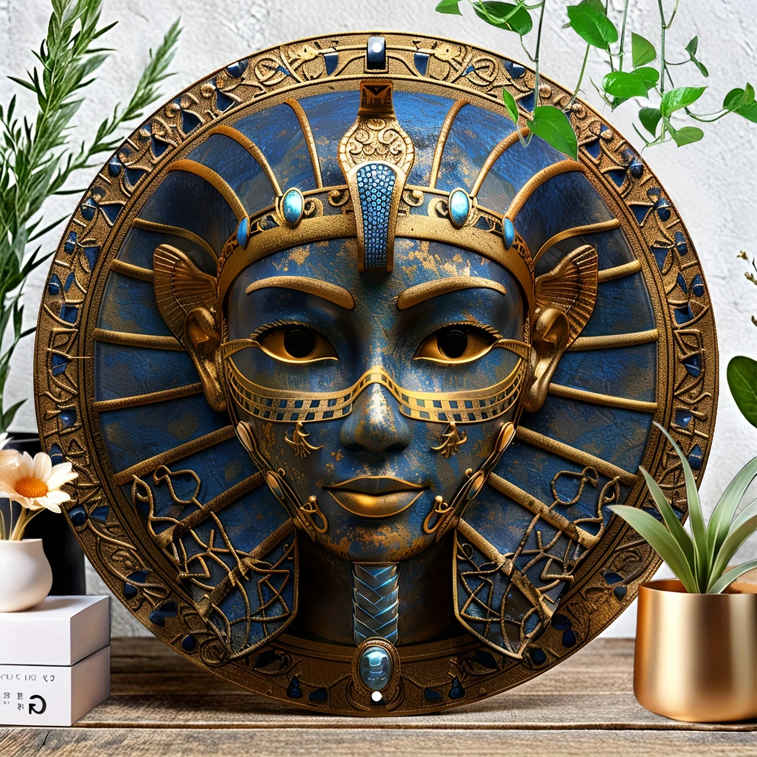 1pc Egyptian Queen Themed Circular Aluminum Metal Plaque, Decorative Garland Design, Home Accent, Bathroom Wall Art Decor