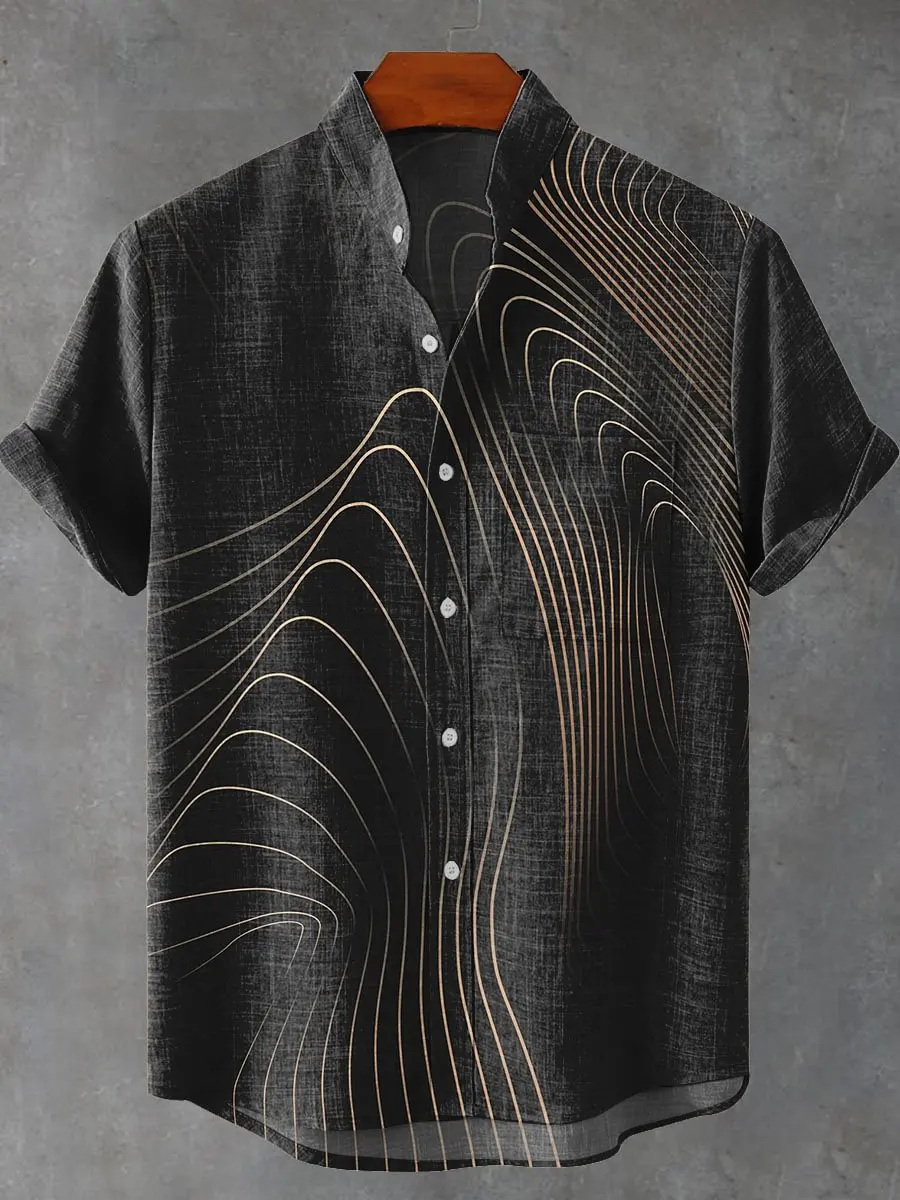 2025 Men's New Hot Selling Beautiful Art Pattern Printed Summer Comfortable Linen Short sleeved Shirt Men's Casual Button Top - Image 5