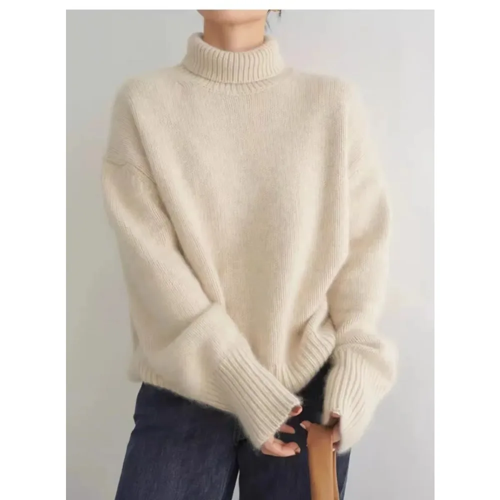 Autumn and Winter Thick Turtleneck Women Loose Elegant and Generous Knitted Pullover Sweater Slouchy Coat Outside To Wear Women