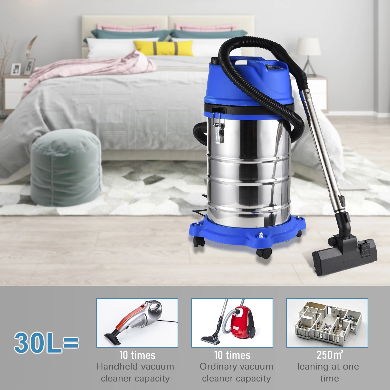 Wet Dry Vacuum Cleaner 1400W Multifunctional Extractor Floor Cleaner 30L 8 Gallons 18Kpa Suction for Home Car Commercial Use