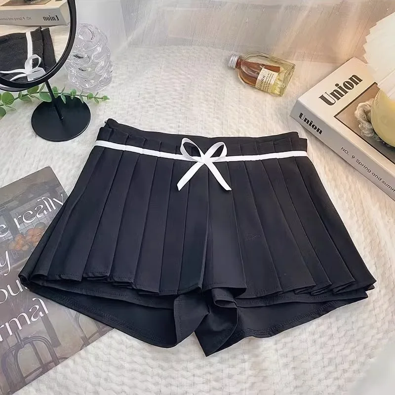 Pleated Mini Skirts Women Sweet Bow Design Tender Panelled Preppy Style Fashion High Waist Girlish Streetwear Summer Soft Faldas