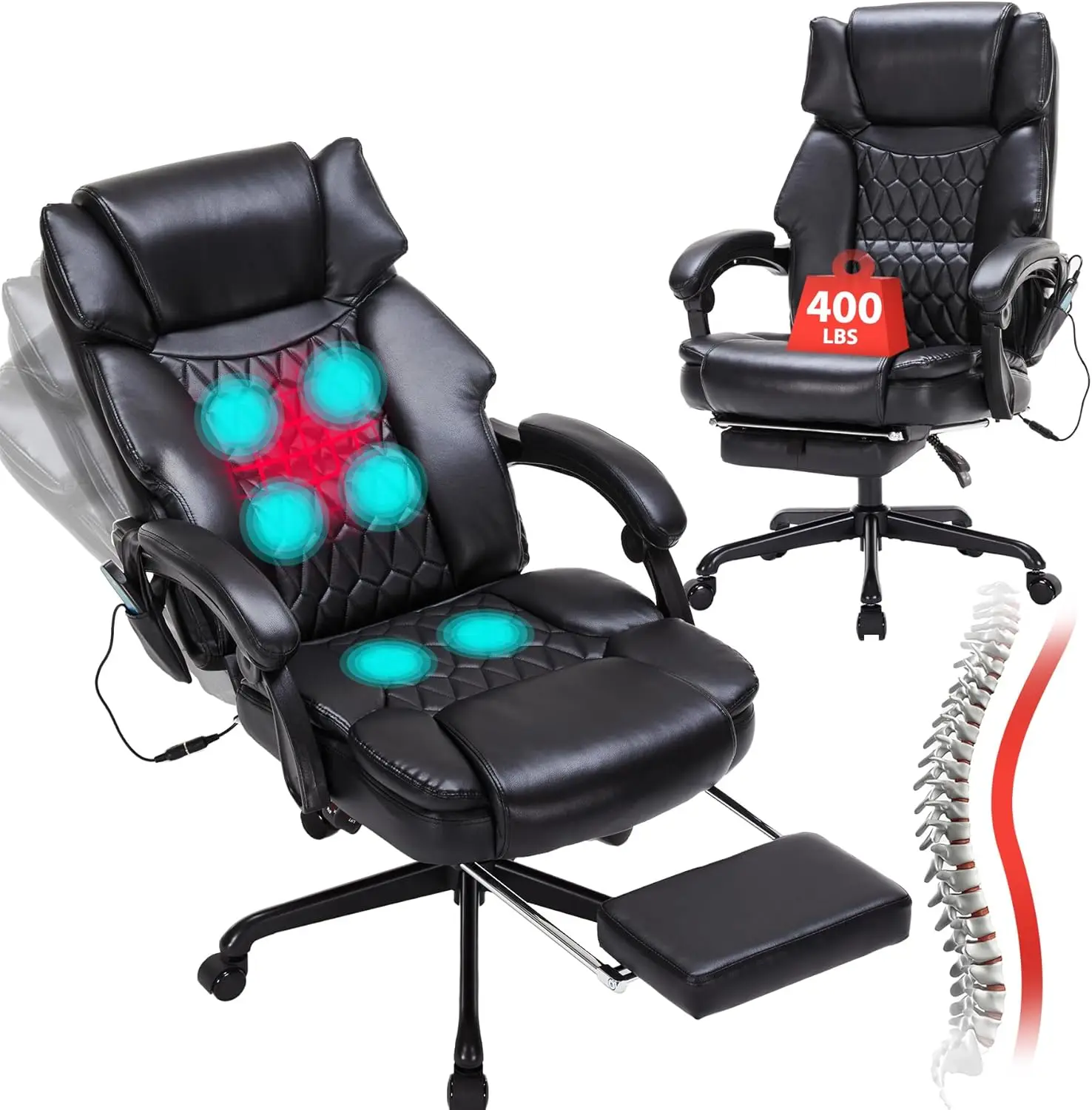 Massage Office Chair with Foot Rest 6 Points Vibration and Heat Home Office Desk Chairs for Heavy People 400lbs (Black)