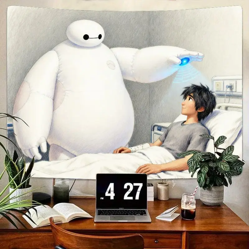 

1PC Big Hero 6 Baymax Hiro Wall Tapestry Cute Anime Healing Friendship Room Decor Polyester Wall Art Gift for Fans