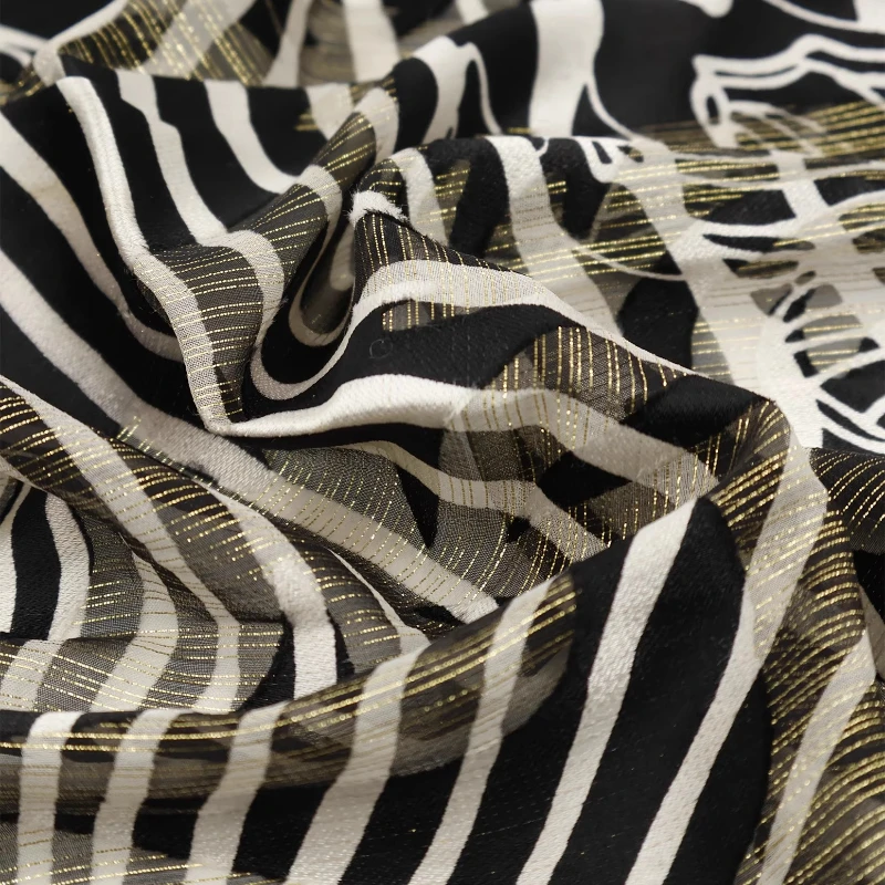 

Черно-белая золотая шелковая шифоновая ткань с принтом, шелковая атласная драпировка, полупрозрачный материал для рубашки, блузки, юбки, мода