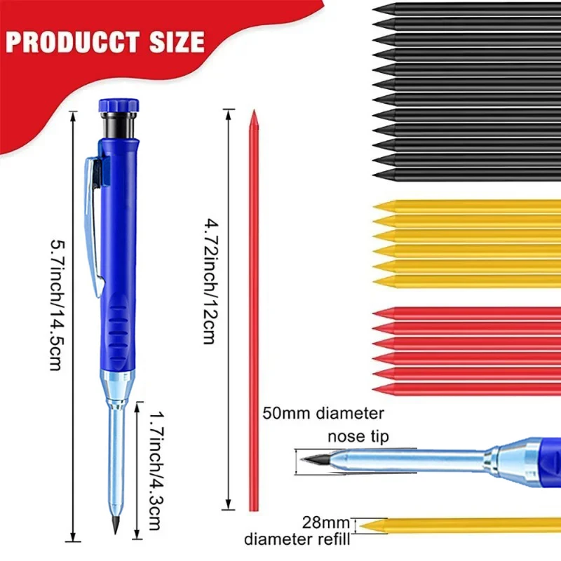 Lápis mecânico de carpinteiro sólido, 2.8mm, com apontador, para carpintaria, construção, cabeça longa, lápis de carpinteiro, fornecimento de