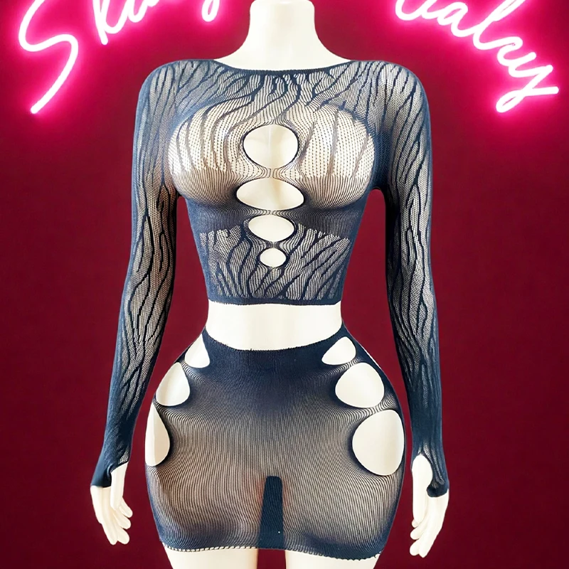 1 Juego de vestido Sexy de rejilla para mujer, mangas largas sin Bikini para festival de música, vestido ajustado ahuecado para vacaciones K252