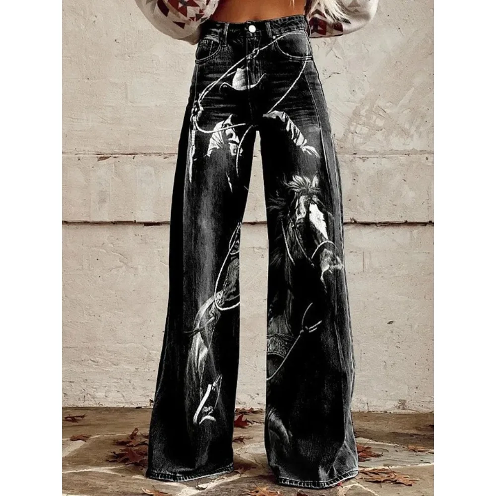 Harajuku Bohemian Art Print Palazzo-Hose mit hoher Taille und weitem Bein, Baumwolle, lässige, locker sitzende Hose mit Taschen, Damen-Punk-Hose – Detail 11