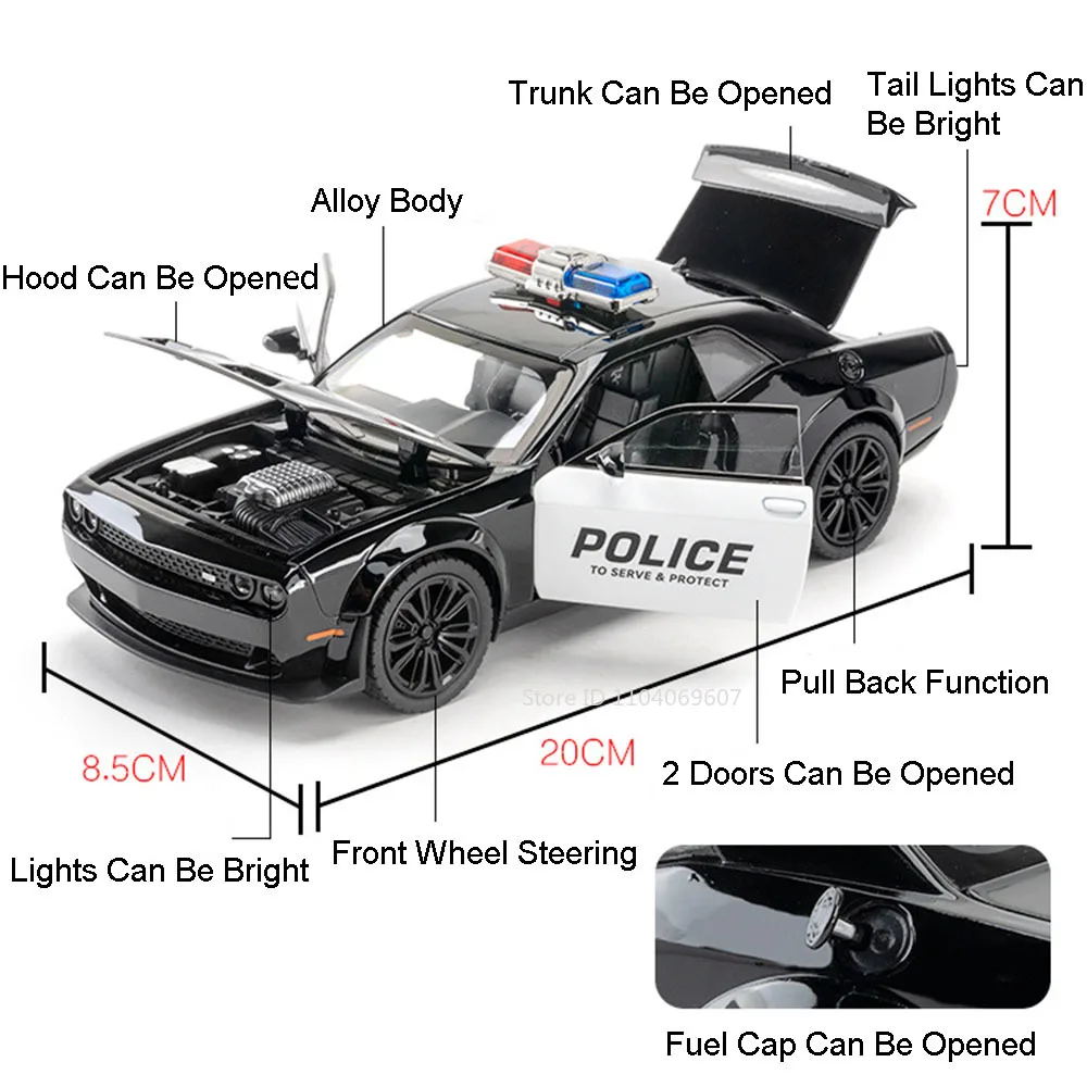 1:22 Challenger SRT Police Car Model Toys Metal Die-cast Pull Back Sound Light 4 Doors Opened Vehicle for Boys Birthday Gifts