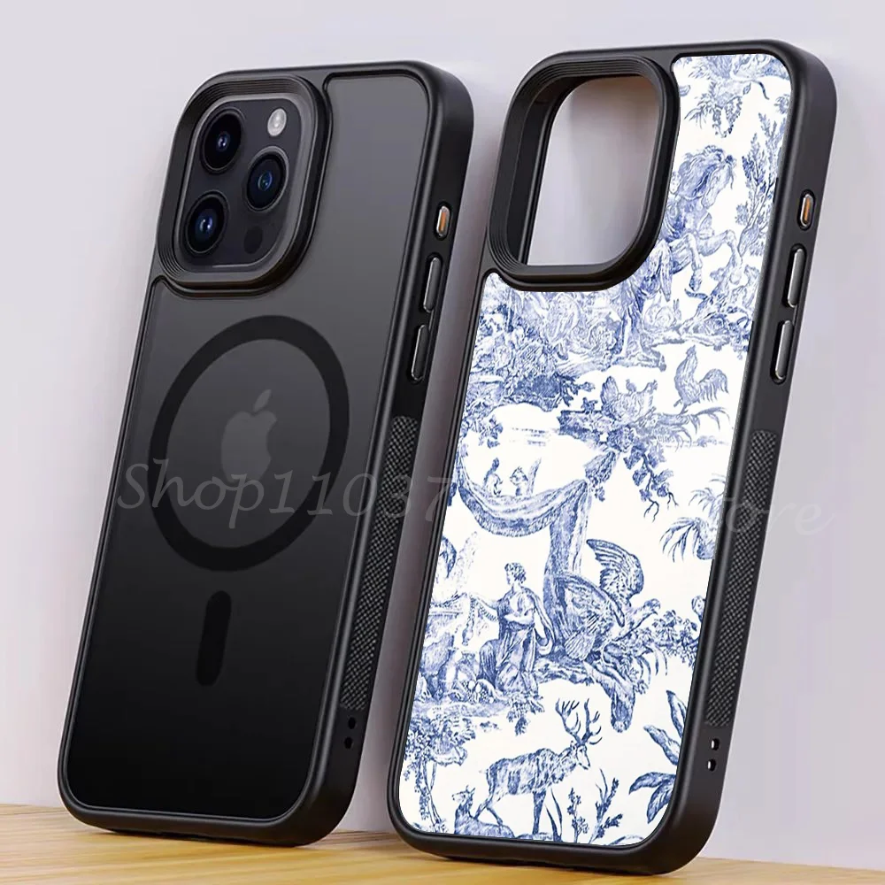 Blue Toile - English - French Countryside Phone Case For IPhone 15 14 13 Pro Max 11 Mini For Magsafe Wireless Charging Cover