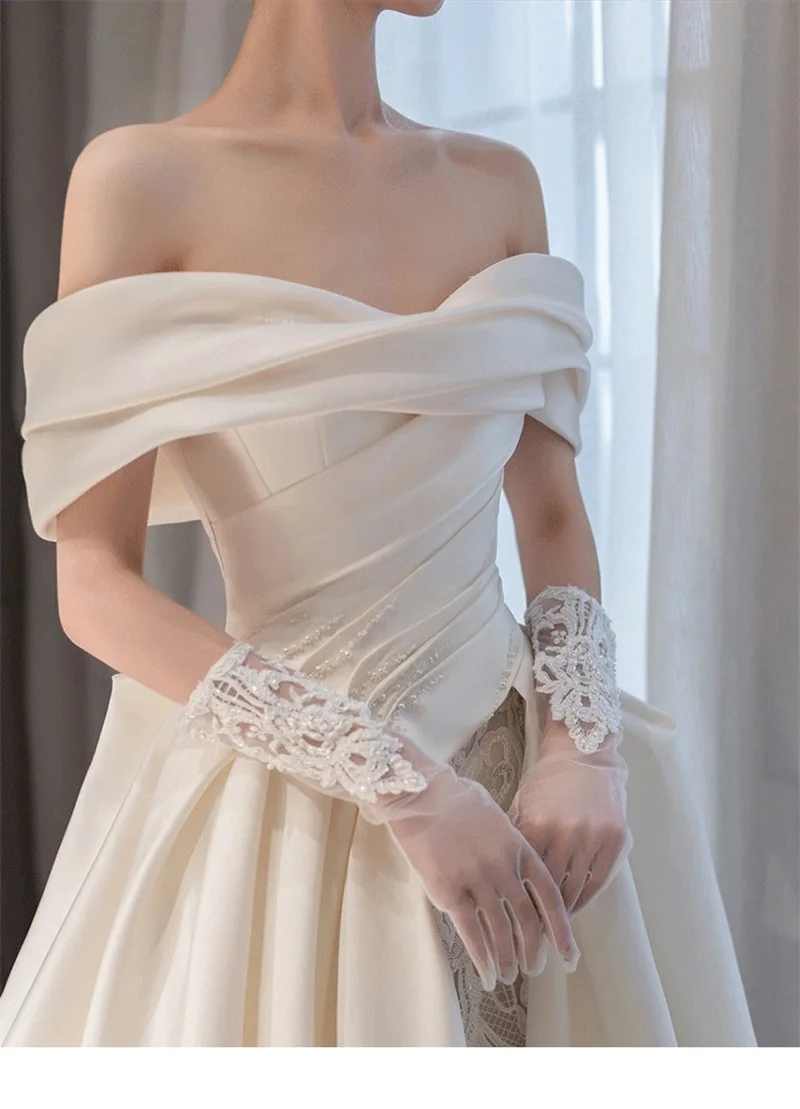 French Style Ruffles Satin Wedding Dress With Glove Off Shoulder Pearls Lace Boho A Line Vintage Bridal Gown Robe De Mariée